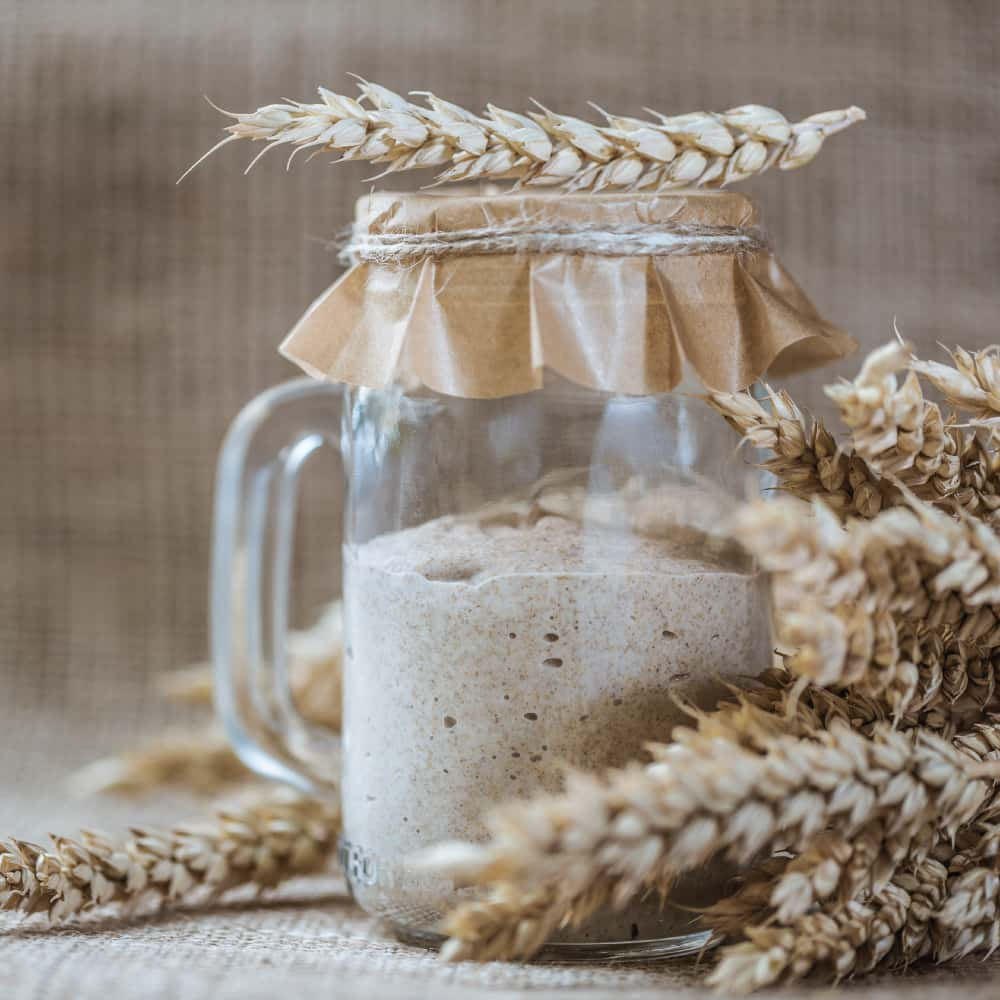 Barattolo di lievito in vetro, circondato da spighe di grano e sigillato con un pezzo di carta e uno spago